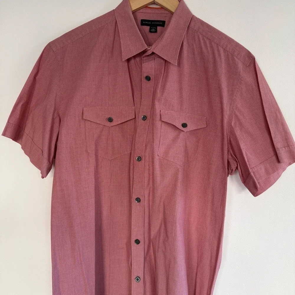 Banana Republic Mens XL Red Micro Check Short Sleeve Button Down Utility‎ Shirt